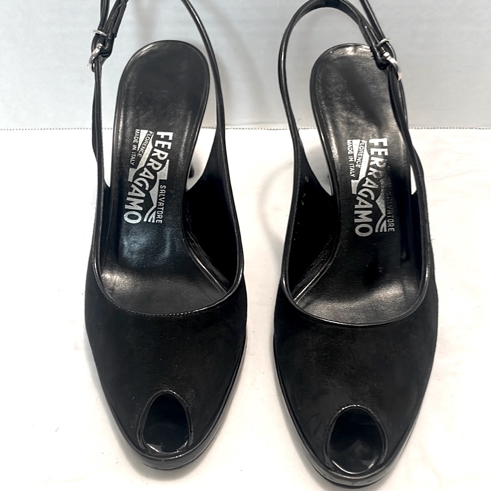 Salvatore Ferragamo Black Suede Peep Toe Slingback Heels